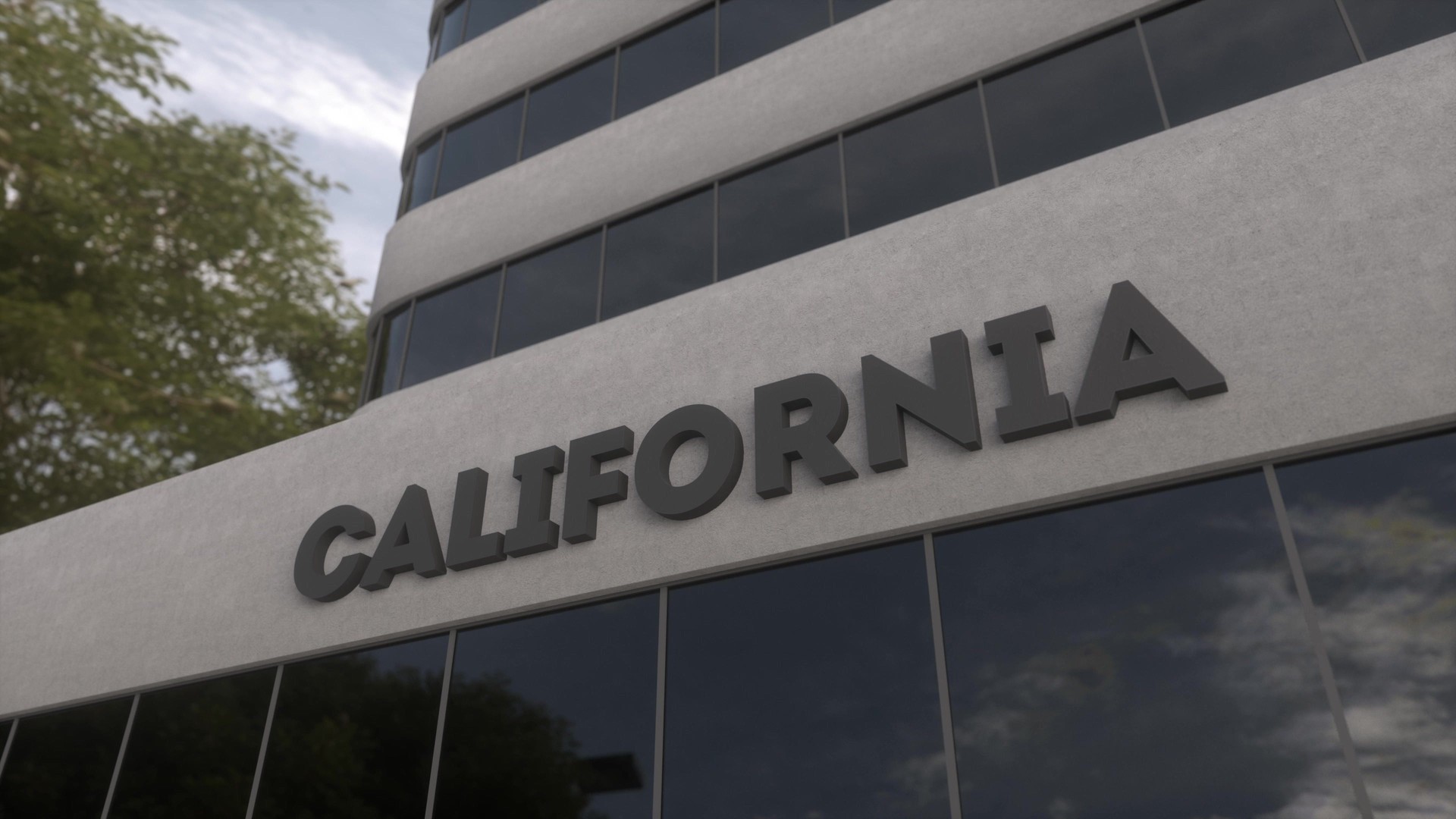 California sign on a modern skyscraper. California building. 3d illustration