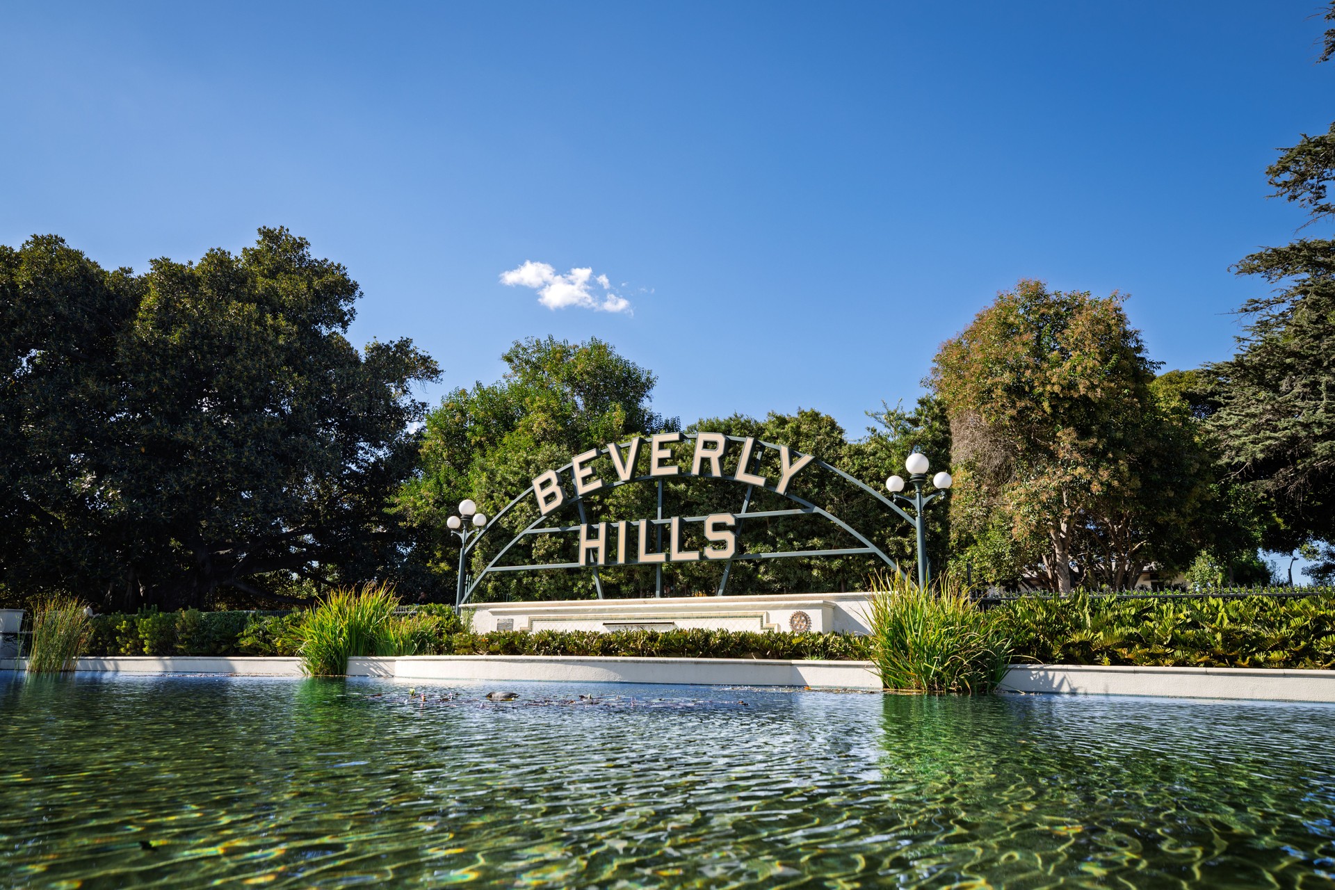 Beverly Hills Sign with Reflection in the Park Pond, Los Angeles