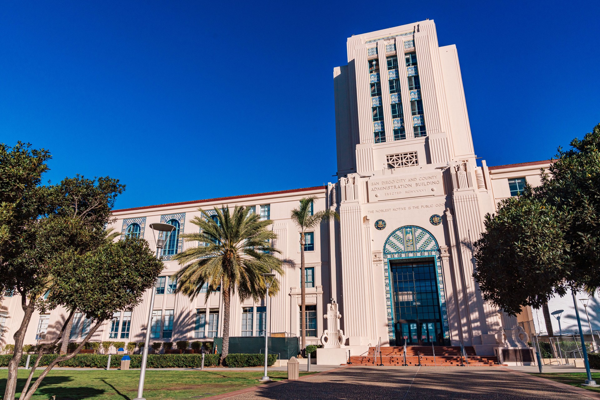 West Entrance to the San Diego and County Administration Building at Waterfront Park in San Diego, California