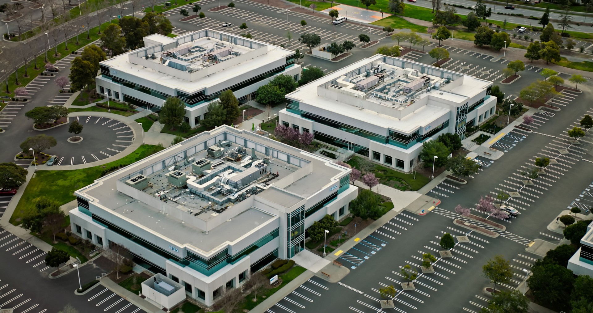 High Angle Drone Shot of Suburban Silicon Valley Office Park